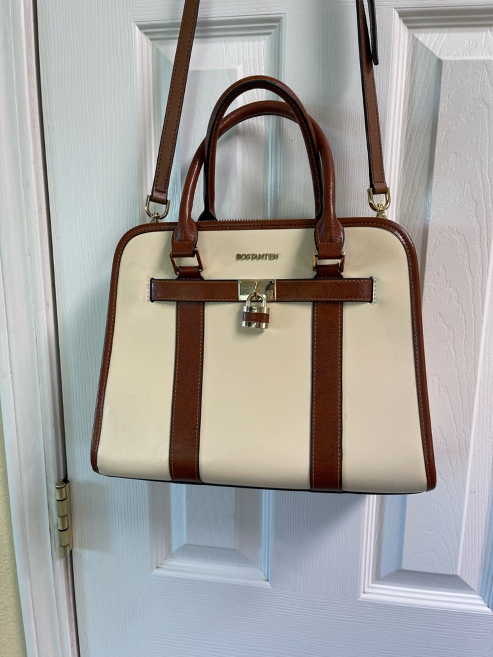 Two-Tone Cream & Brown Structured Satchel Handbag